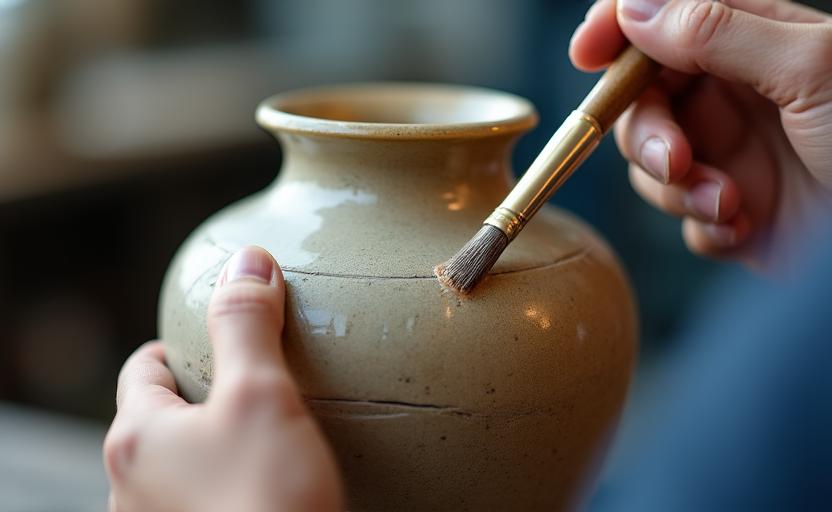 Artigiano che lavora al restauro di un antico vaso ceramico nel laboratorio Ceramica Marina a Roma
